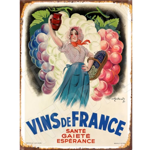 plaque métal vintage vins de france 15x20