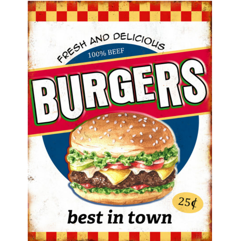 plaque vintage fresh burgers 30x40