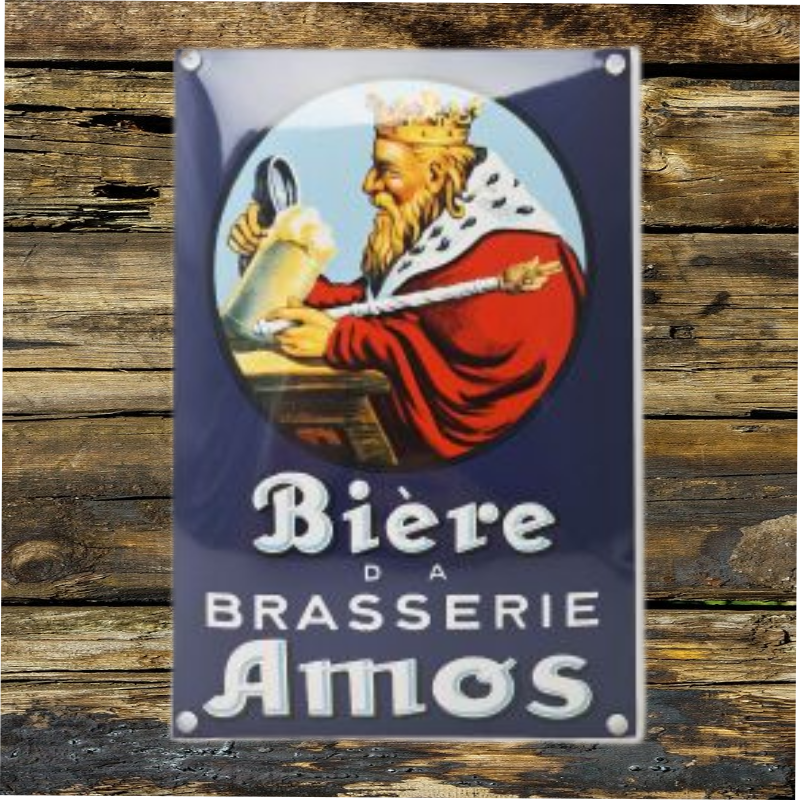 plaque émaillée publicitaire bière Amos 20x30