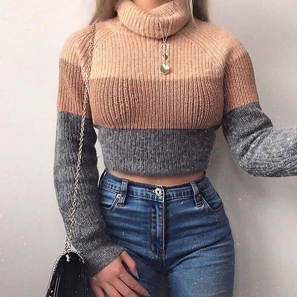 Juebong Cropped Sweater Tops for Women Casual Solid Round Neck