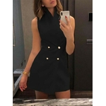 Femmes-col-sans-manches-Blazer-Double-boutonnage-robes-courtes-revers-bouton-solide-robe