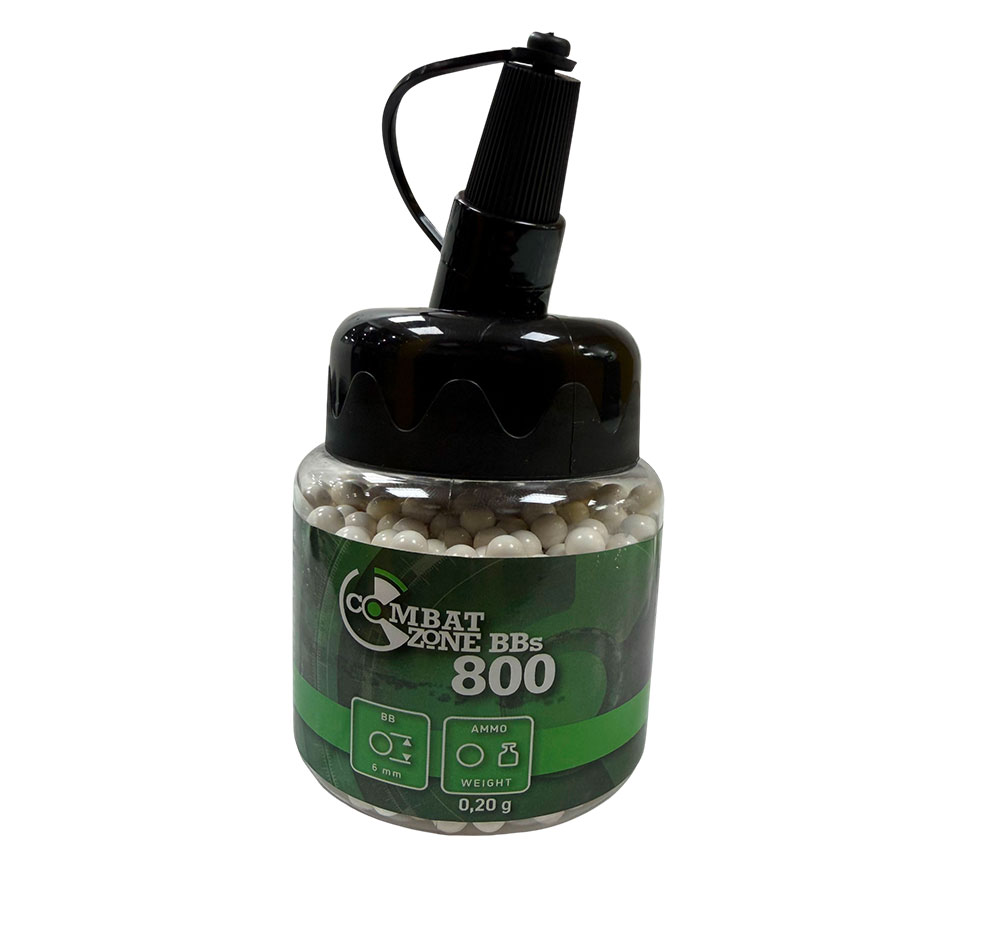 Biberon de 800 billes airsoft blanches Combat Zone de 0,20 g