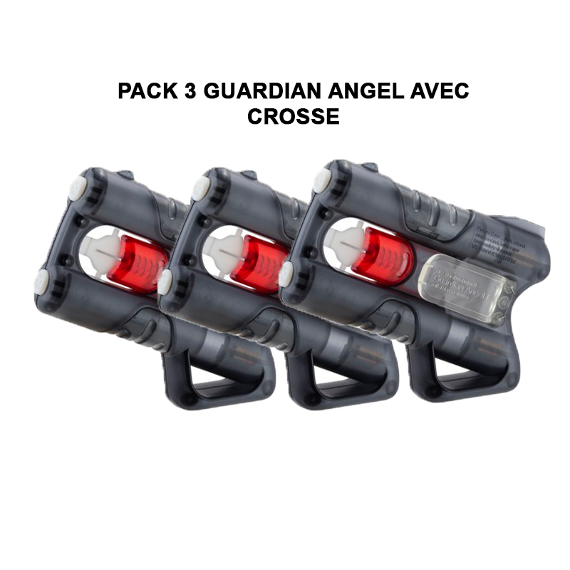 Trois pistolets Guardian Angel à crosse alignés sous le titre du pack