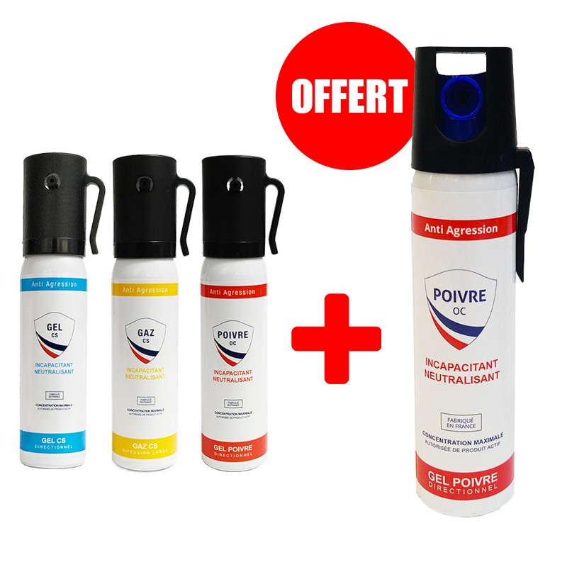 Trois petites bombes lacrymogènes blanches gel, gaz et poivre à côté d’une bombe de 75 ml au gel poivre