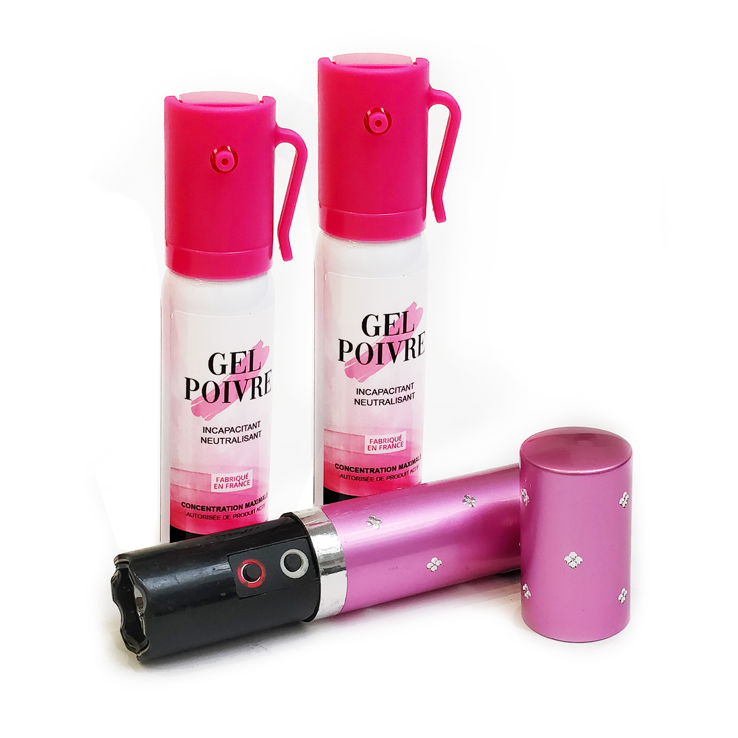 Deux bombes lacrymogènes roses au gel poivre et un shocker rose en forme de tube de rouge à lèvres