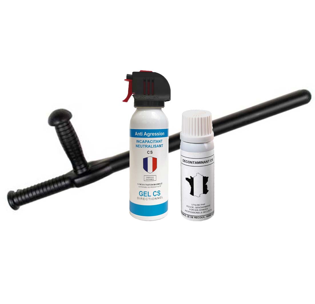 Tonfa noir Cobra, bombe lacrymogène blanche de 100 ml au gel CS et flacon de décontaminant CS