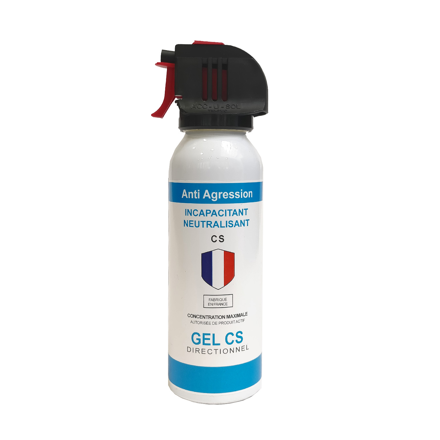 Bombe lacrymogène blanche de 100 ml au gel CS avec tête noire à gâchette rouge