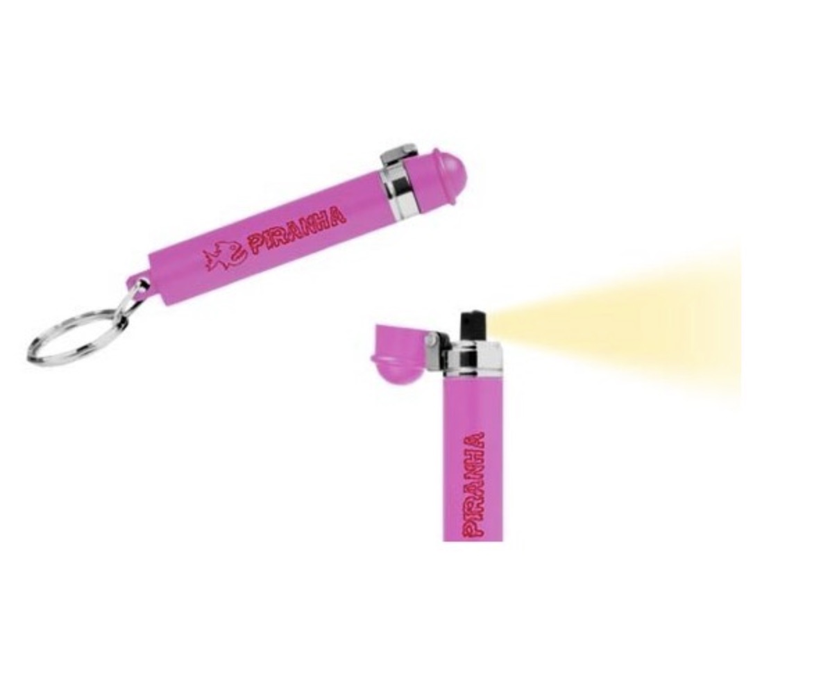 Porte-clés lacrymogène Piranha rose fermé, et vue du jet avec capuchon ouvert