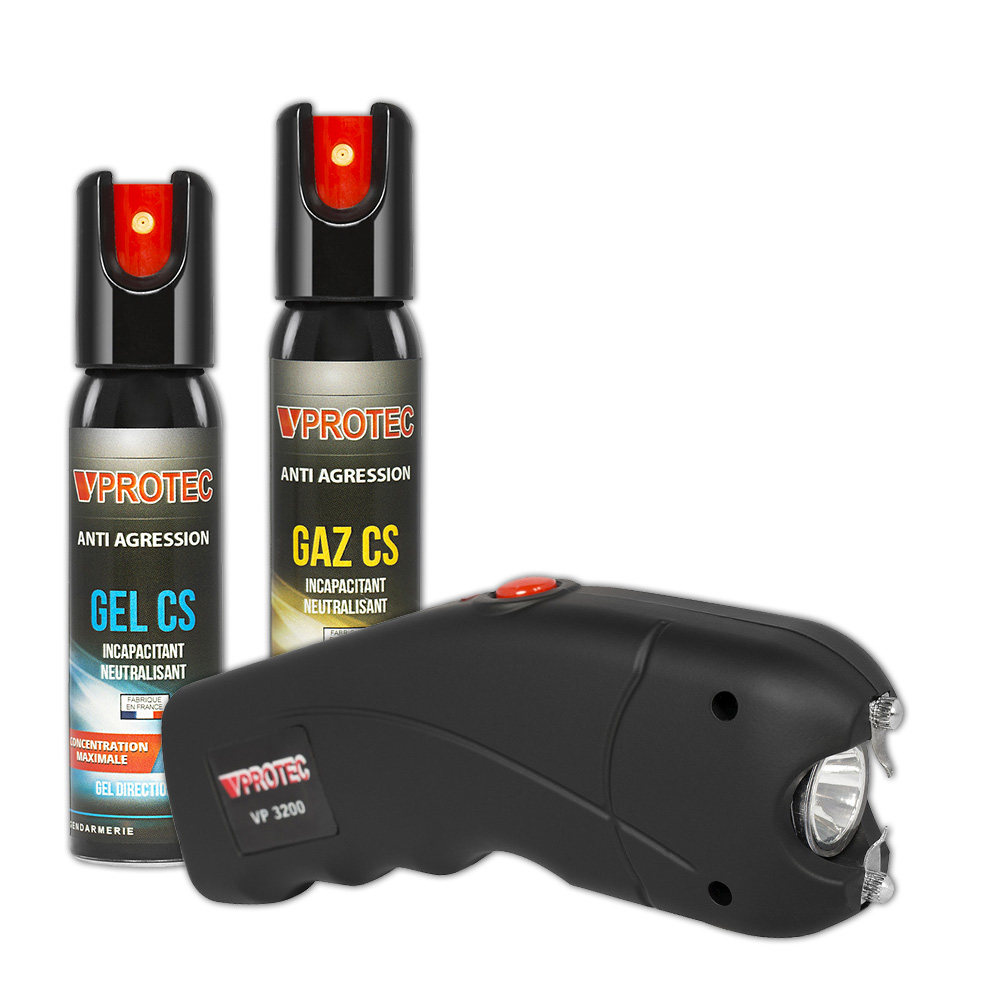 Deux bombes lacrymogènes VPROTEC de 25 ml, gel CS et gaz CS, devant un shocker noir VP 3200