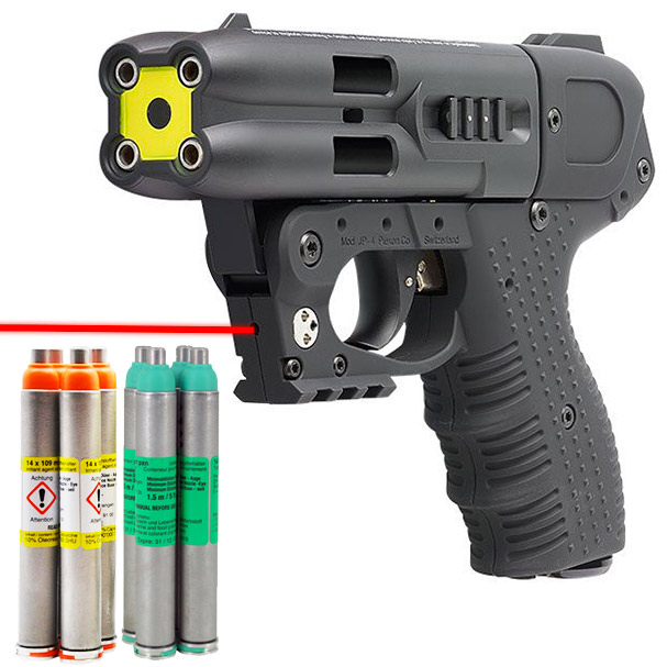 Pistolet JPX4 laser avec quatre cartouches OC à embout orange et quatre cartouches d’entraînement vertes