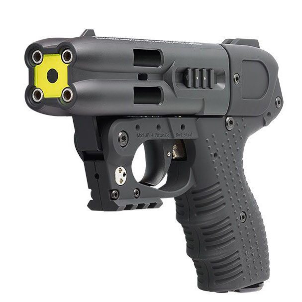 Pistolet lacrymogène Piexon JPX4 gris vu de profil, bouche jaune à quatre canons
