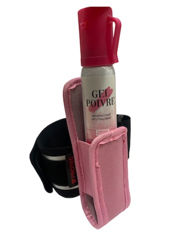 Brassard à étui rose et sangle noire contenant une bombe lacrymogène rose au gel poivre