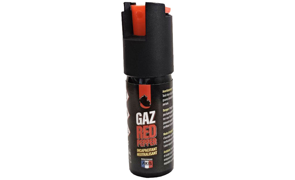 Bombe lacrymogène Akis Gaz Red Pepper de 25 ml, corps noir, poussoir orange