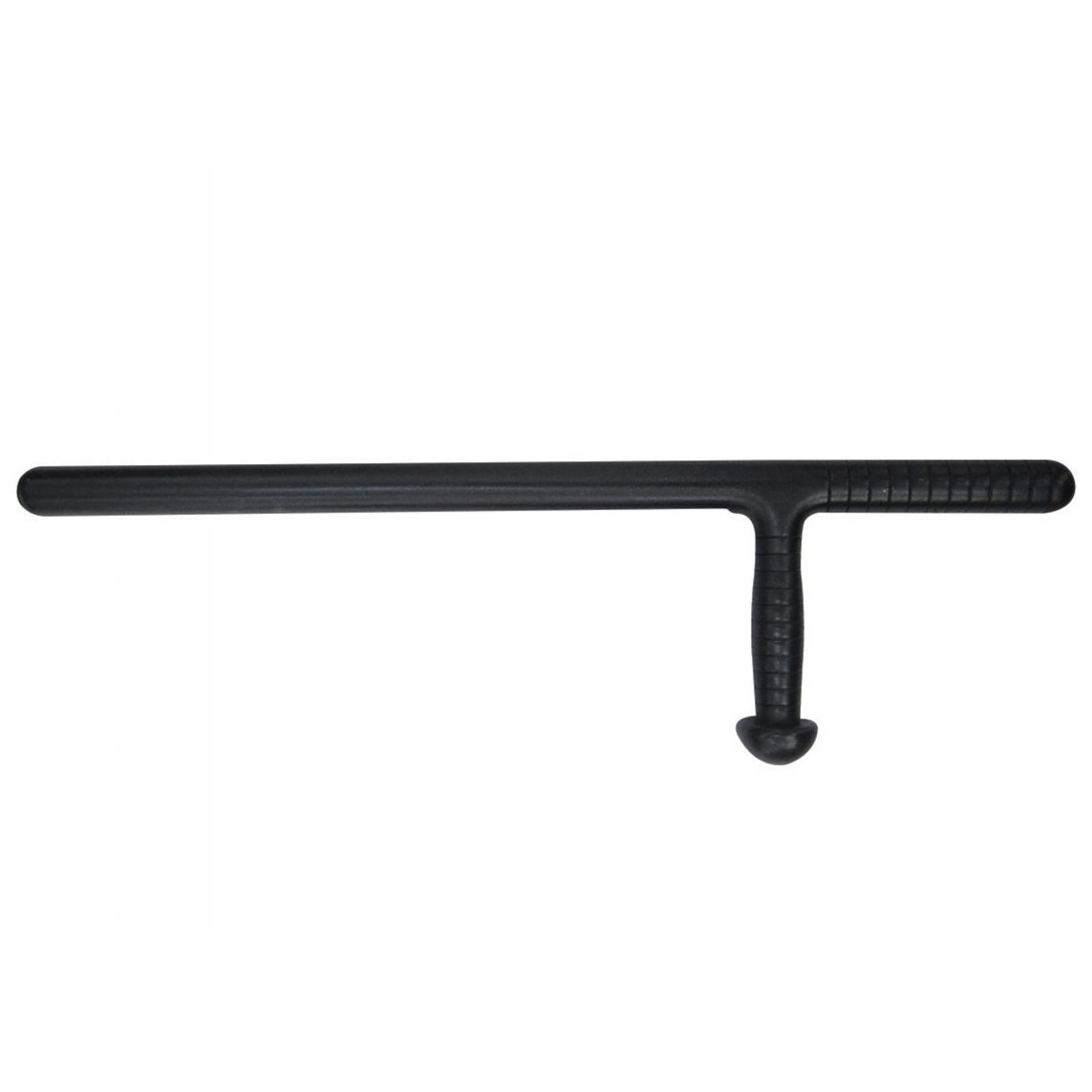 Tonfa noir d’une seule pièce vu de profil, poignée latérale striée terminée par un pommeau