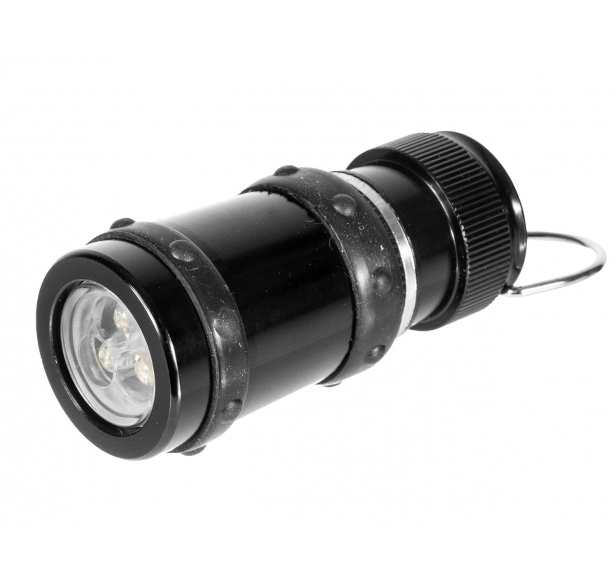 Petite lampe LED noire en métal vue de trois quarts, trois LED en tête et anneau à l’arrière
