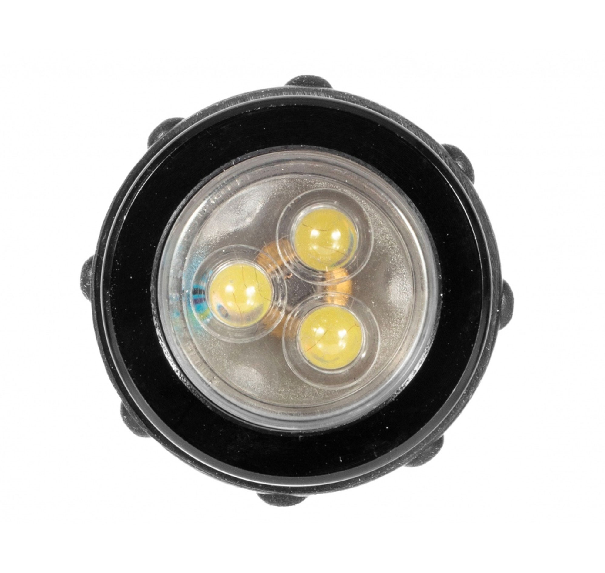 Tête de la lampe vue de face, trois LED derrière une vitre ronde