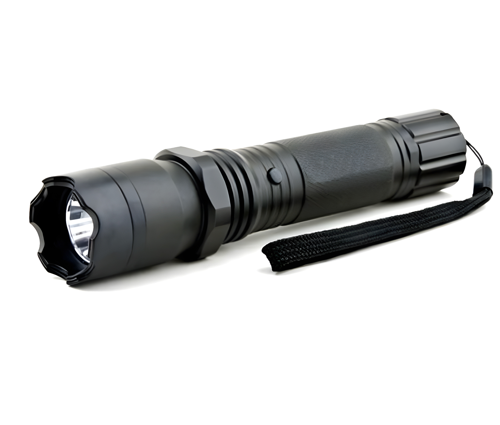 Lampe shocker noire vue de trois quarts, tête crénelée autour du réflecteur et dragonne au culot