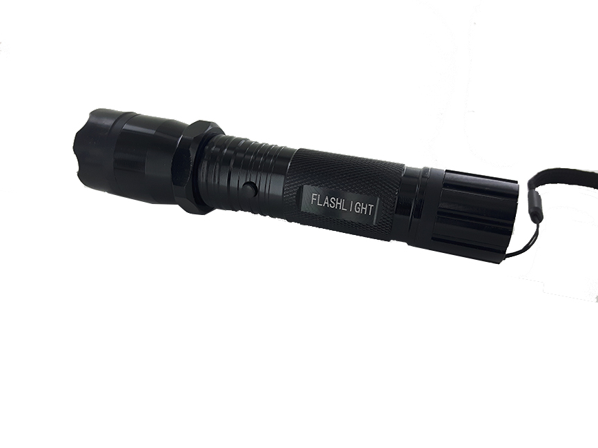 Lampe shocker noire vue de profil, bouton sur le corps et plaquette Flashlight sur le manche quadrillé