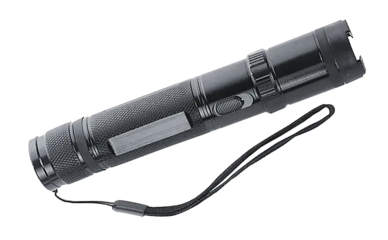 Lampe shocker X6 noire vue de profil, manche quadrillé, curseur sur le flanc et dragonne