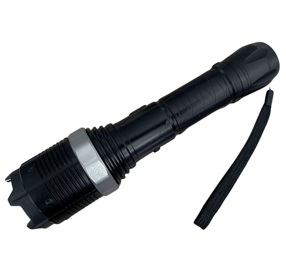 Lampe shocker noire vue de dessus, bague hexagonale grise et dragonne détachée du culot