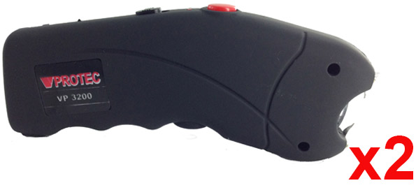 Shocker électrique noir VPROTEC VP 3200 vu de profil, bouton rouge sur le dessus, mention x2