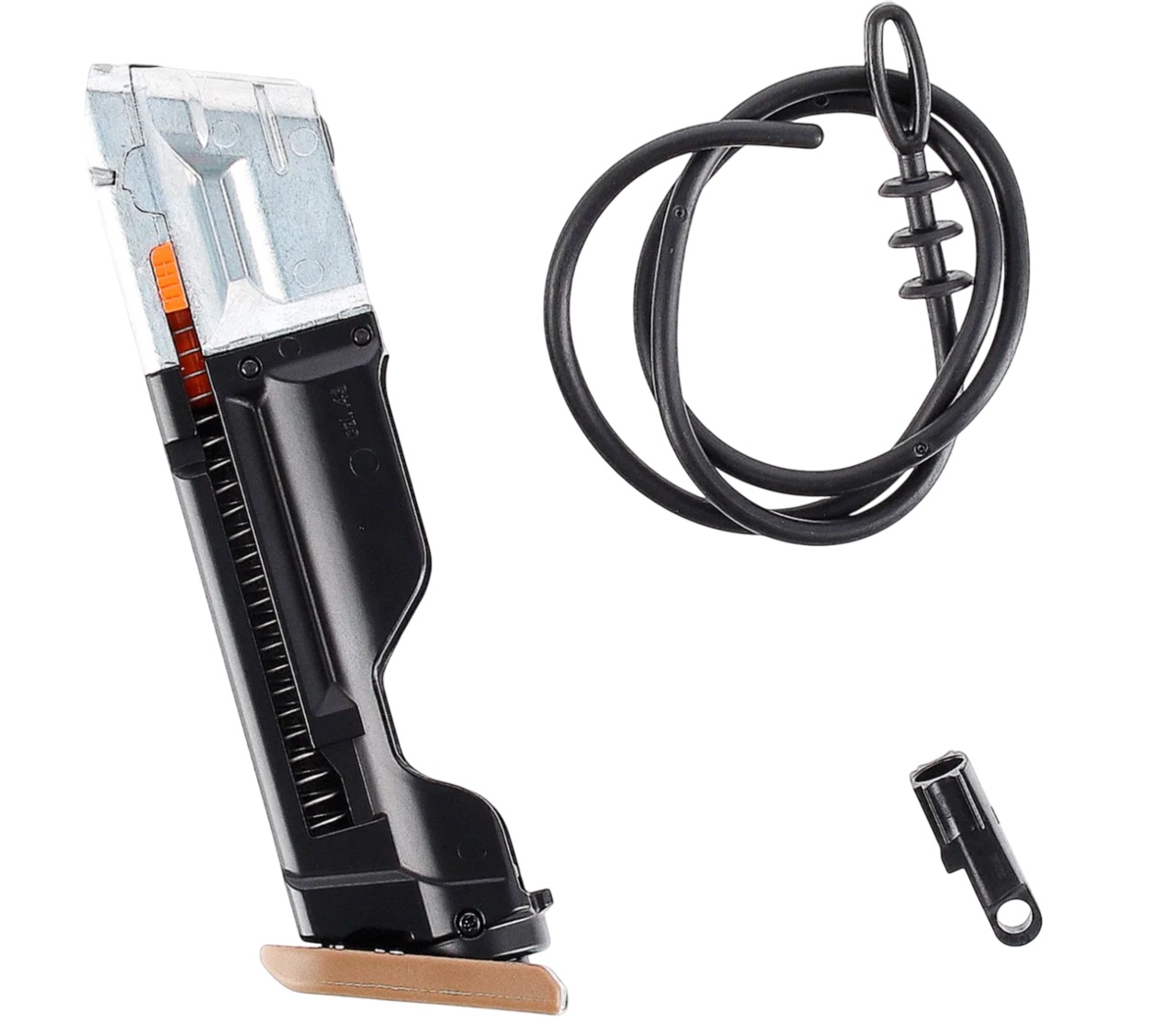 Chargeur du Glock 17 Gen5 T4E à talon coyote, cordon de dragonne noir et son adaptateur