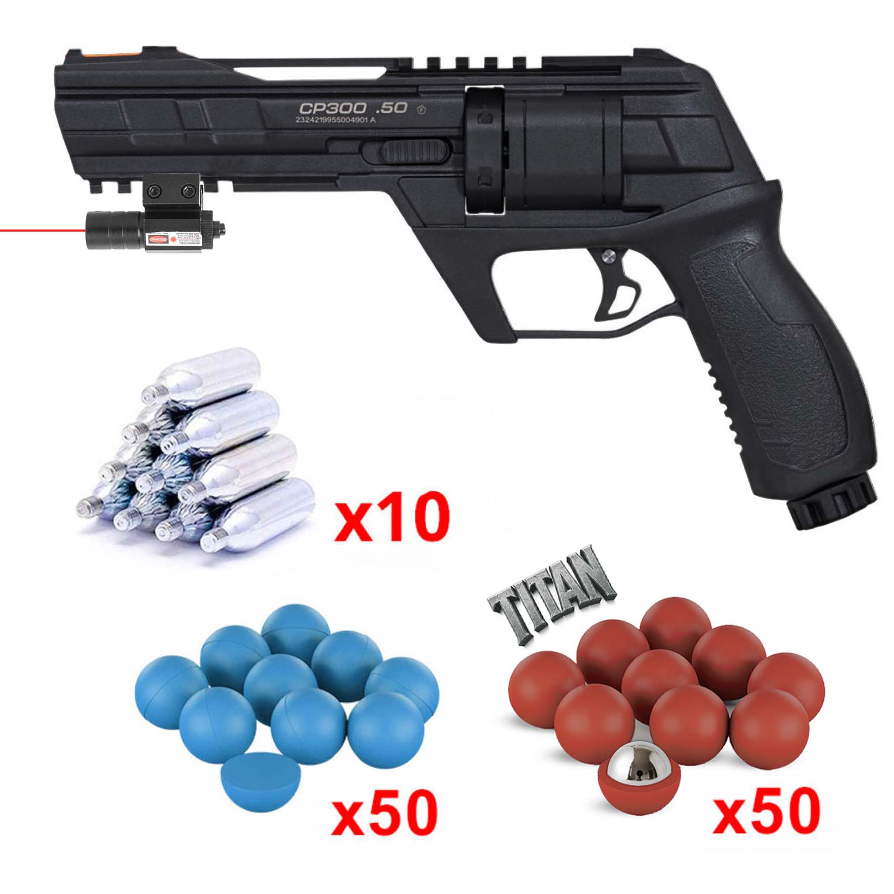 Pack CP300 : revolver avec micro laser sous le canon, dix capsules de CO2, billes bleues et billes Titan rouges