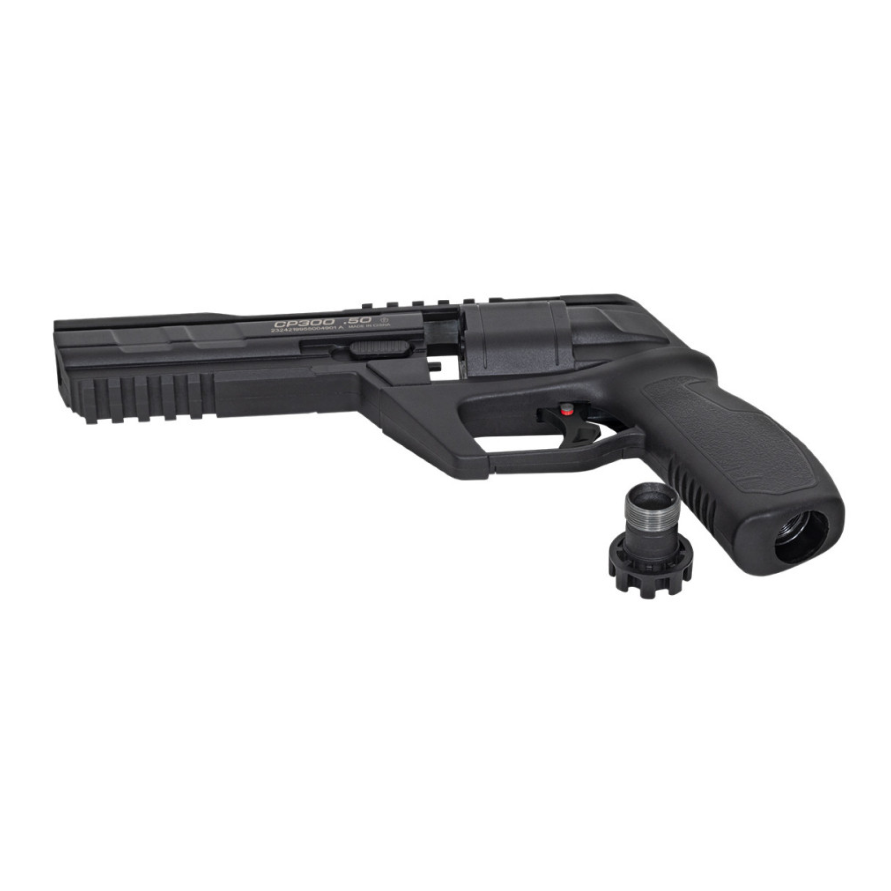 Revolver CP300 posé à plat, bouchon de poignée dévissé à côté de l’arme