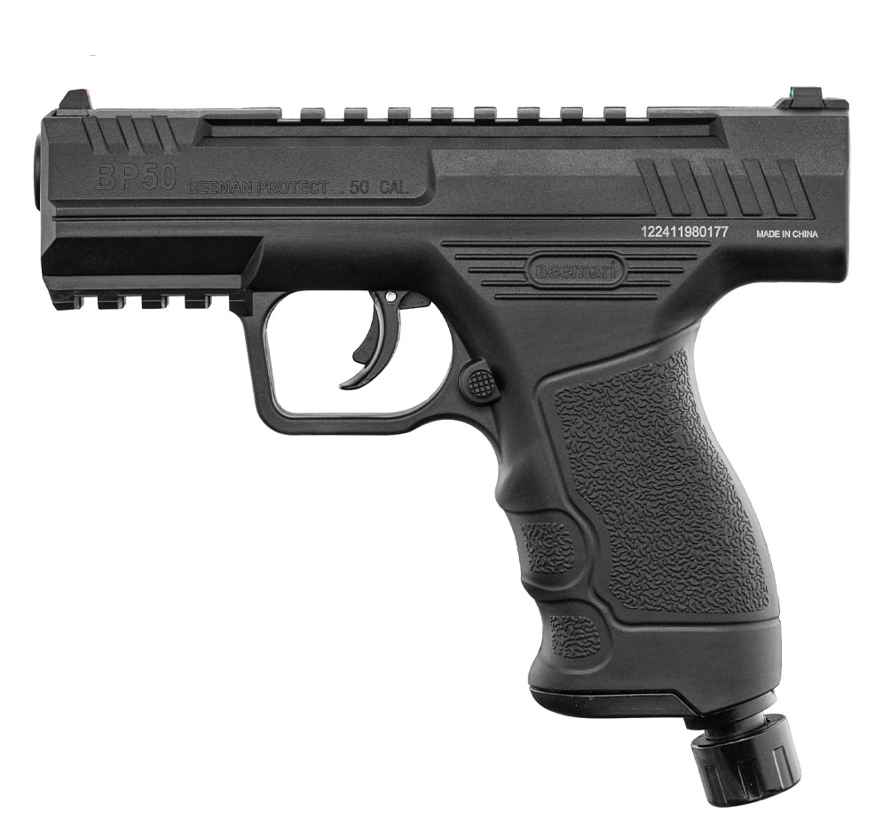 Pistolet Beeman Protect BP50 noir vu du côté gauche, marquage BP50 .50 CAL sur la culasse