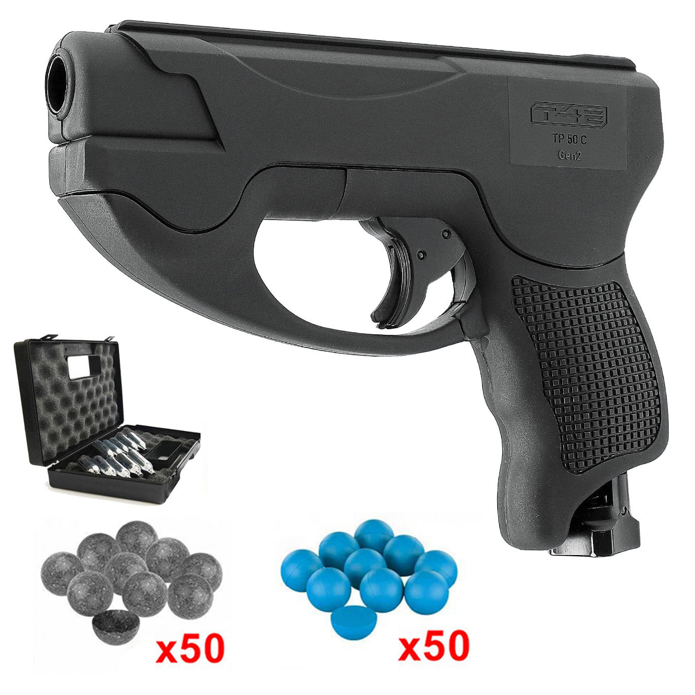 Pack TP50 Compact Gen2 : pistolet noir, mallette ouverte avec capsules de CO2, 50 billes grises et 50 billes bleues