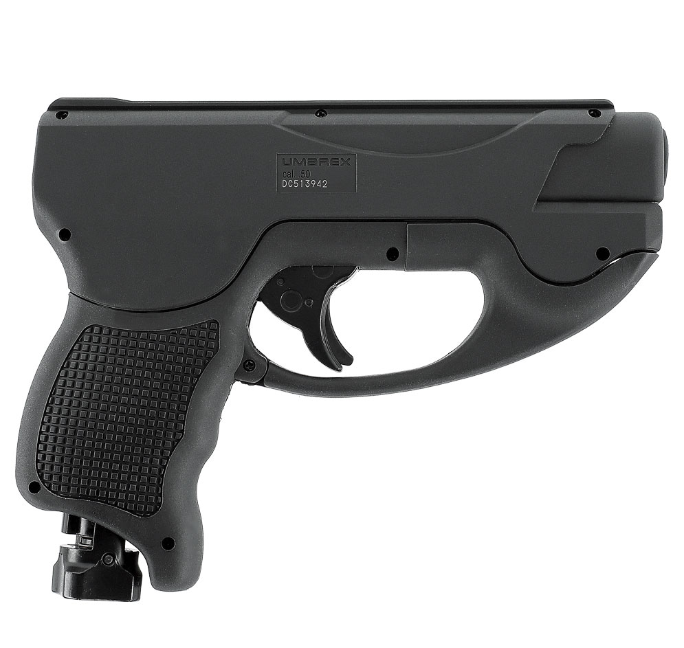 Pistolet T4E TP50 Compact vu du côté droit, marquage Umarex cal. 50 et molette sous la poignée