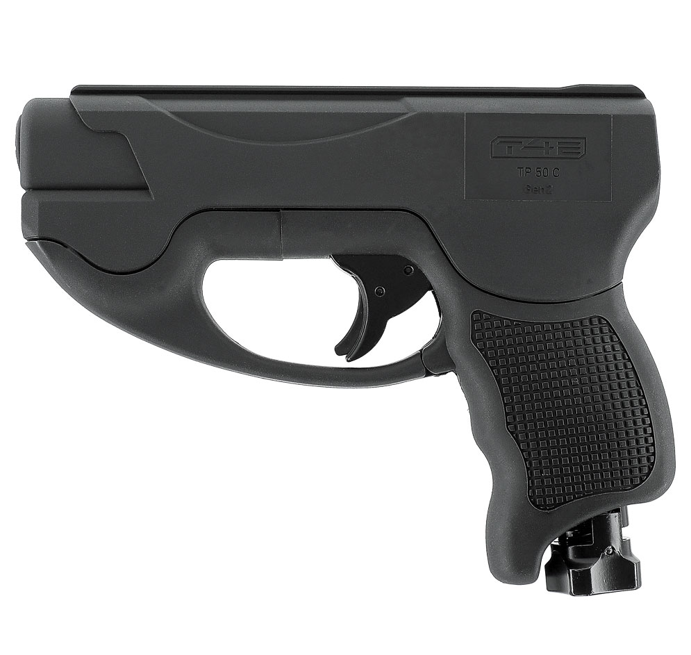 Pistolet T4E TP50 Compact Gen2 ouvert, partie avant de la carcasse basculée vers le bas