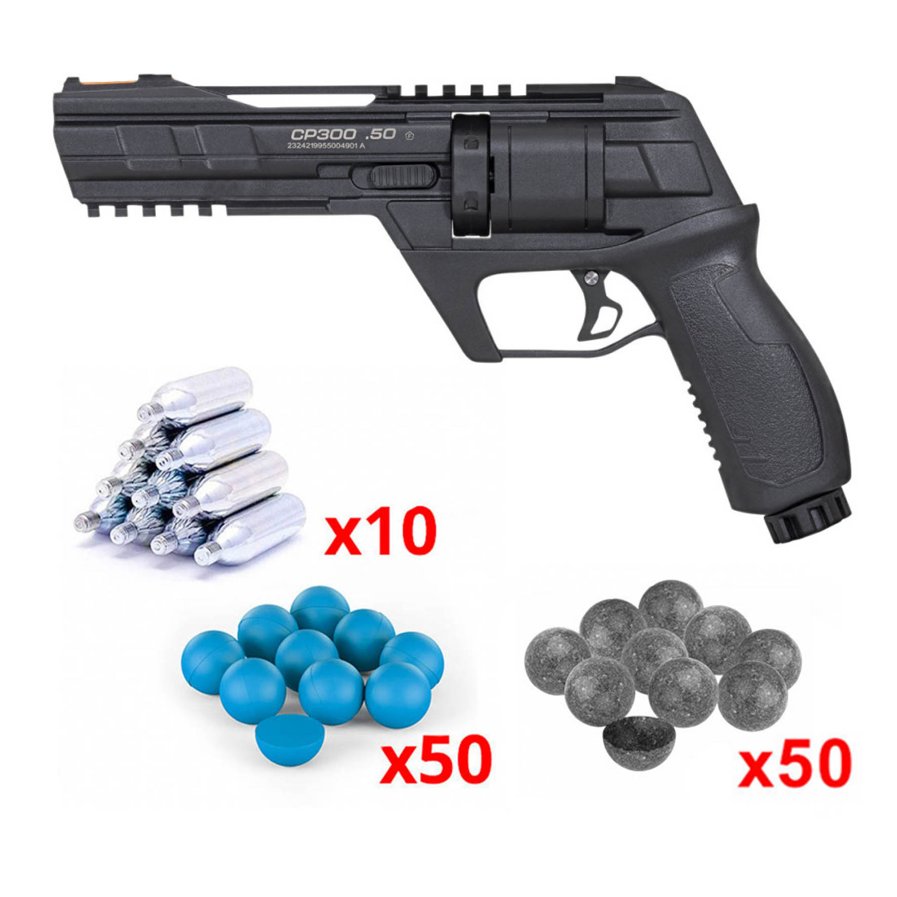 Kit CP300 : revolver noir calibre .50, dix capsules de CO2, cinquante billes bleues et cinquante billes grises