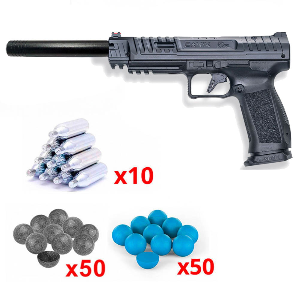 Pack Canik SFX Rival Dark Side : pistolet noir avec extension de canon, dix capsules de CO2, billes grises et bleues