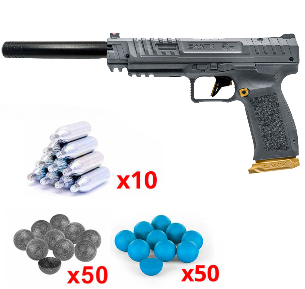 Pack Canik SFX Rival Compétition : pistolet gris et doré avec extension, dix capsules de CO2, billes grises et bleues