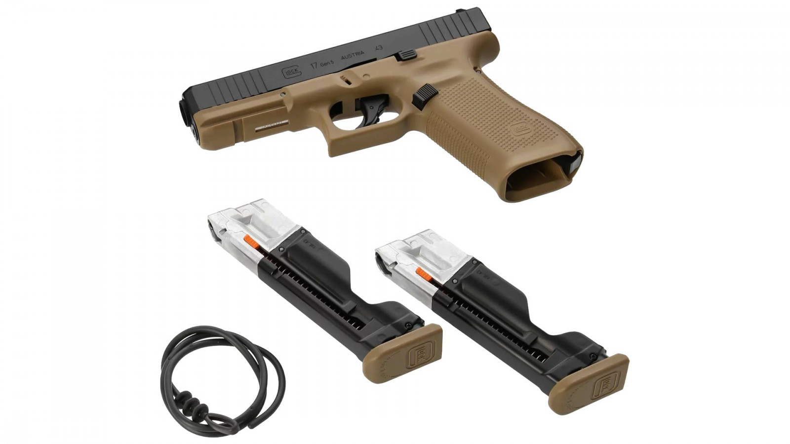 Glock 17 Gen5 T4E coyote sans chargeur, avec ses deux chargeurs à talon coyote et un cordon de dragonne