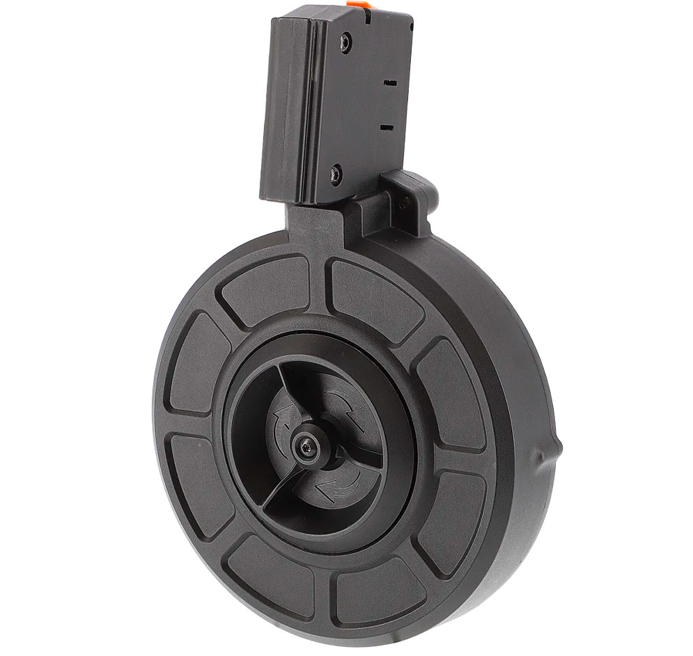 Autre face du chargeur tambour T4E, avec sa molette centrale marquée de flèches de rotation