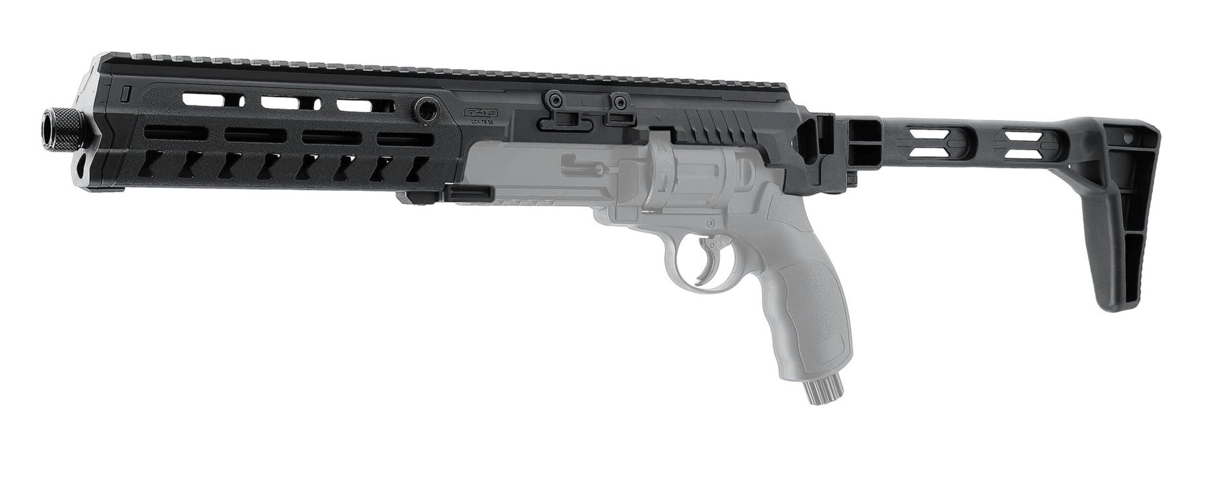 Kit de conversion carabine CCK noir monté sur un revolver T4E TR50 représenté en gris, crosse dépliée