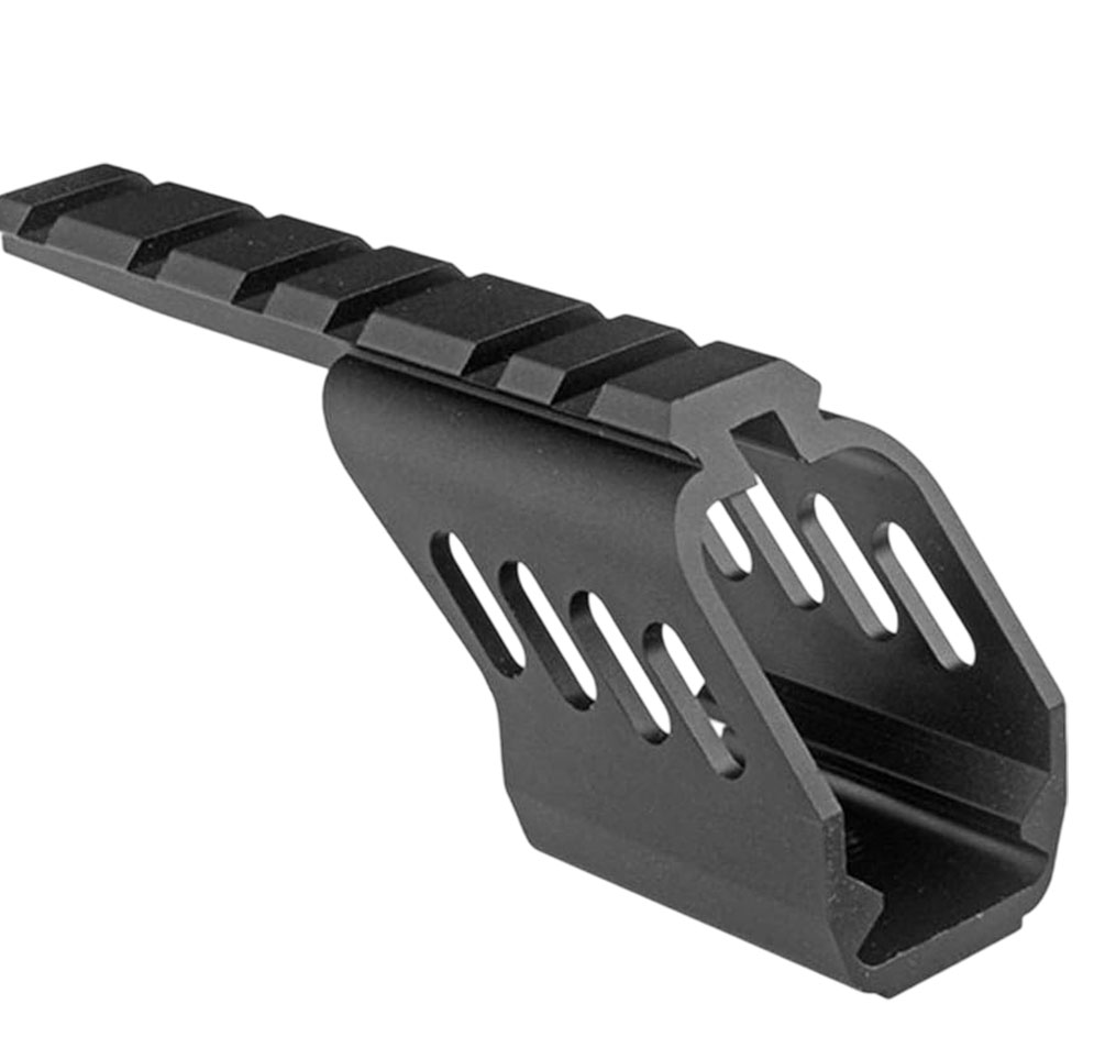 Support de rail Picatinny 22 mm en aluminium noir, vu de trois quarts avant, flancs ajourés