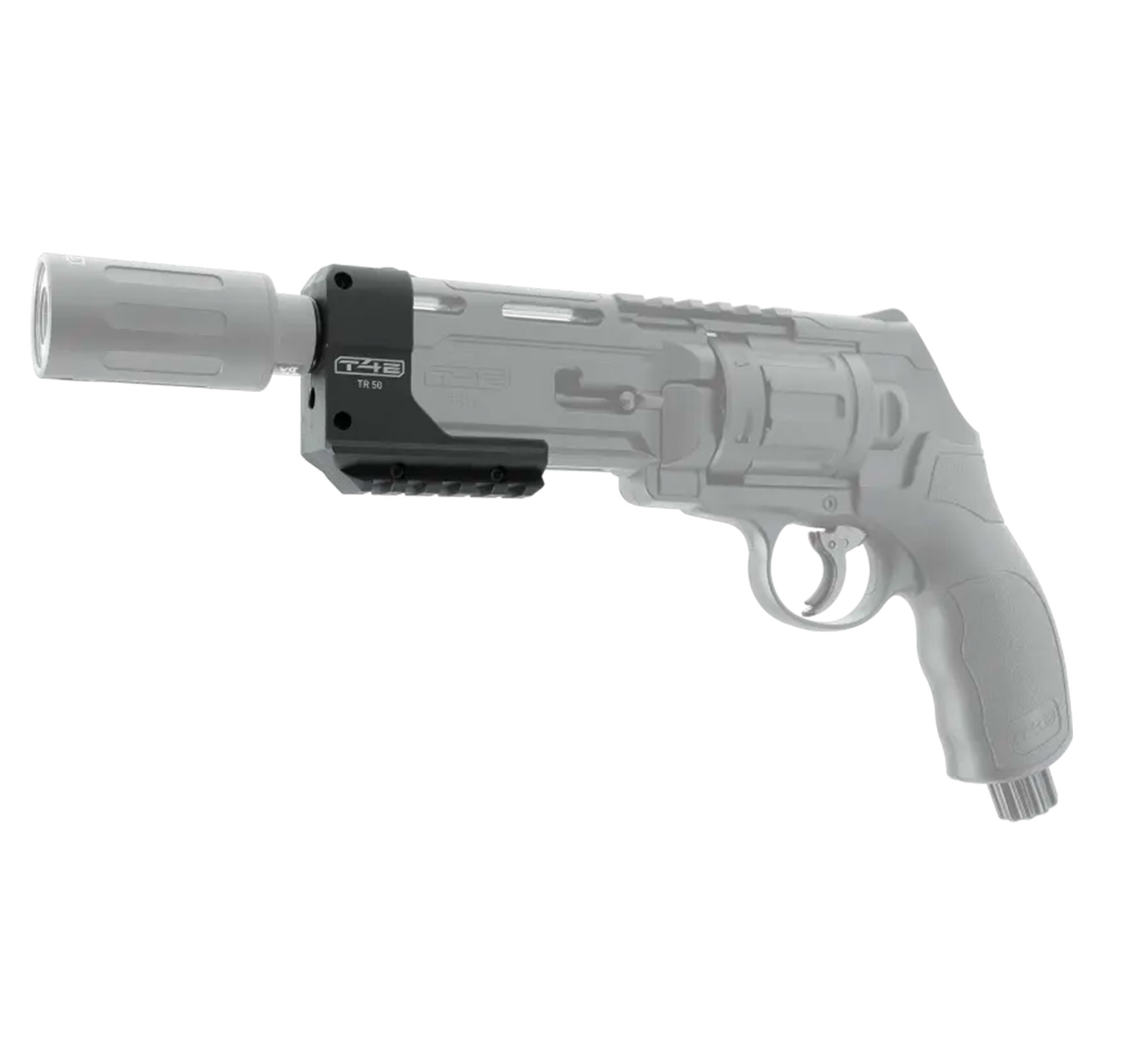 Support de fixation T4E TR 50 portant un traceur X-Tracer 50, arme et traceur représentés en gris