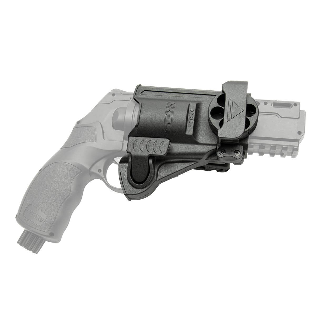Holster T4E avec un barillet de rechange tenu par le clip avant, revolver représenté en gris