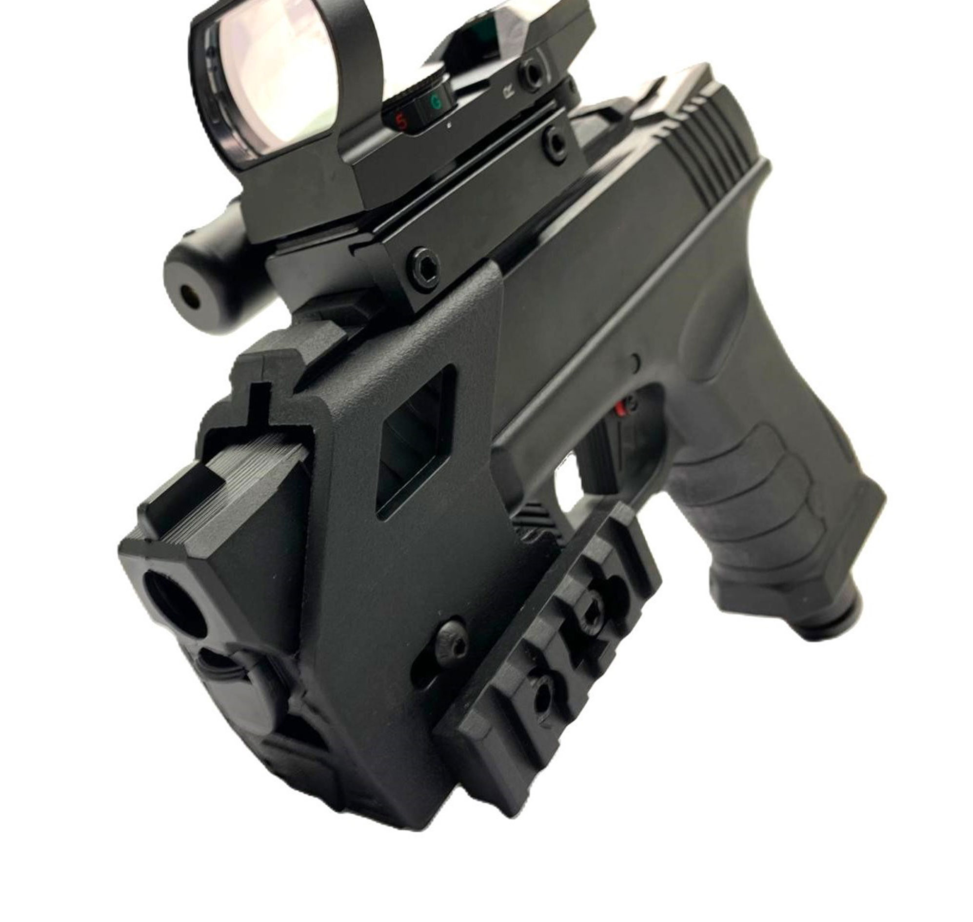 Support GS50 Tri-Rail monté sur un pistolet noir avec un viseur à point rouge et un laser