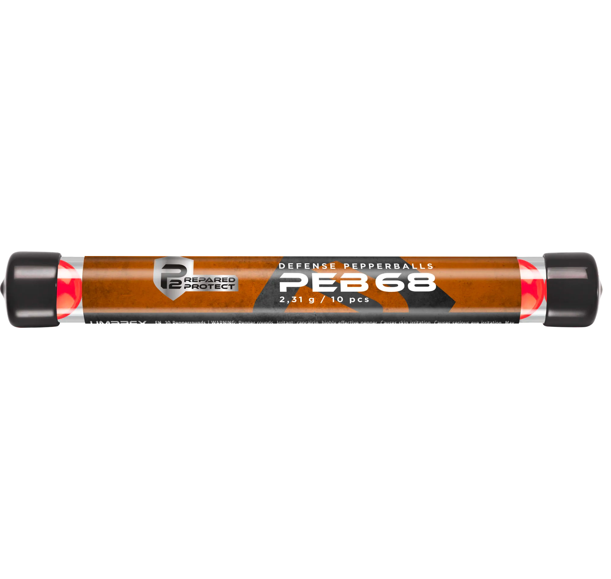 Tube de dix billes au poivre PEB 68 à étiquette orange et bouchons noirs