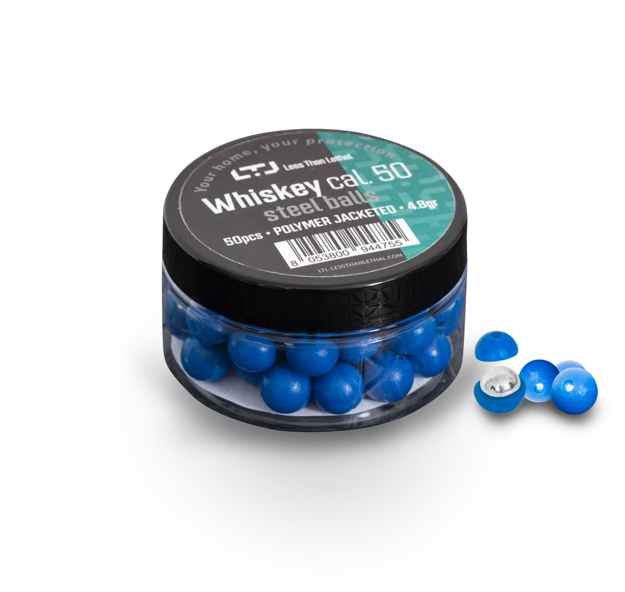 Pot LTL Whiskey calibre .50 rempli de billes bleues, étiquette 50 pièces, 4,8 g, et une bille ouverte à côté