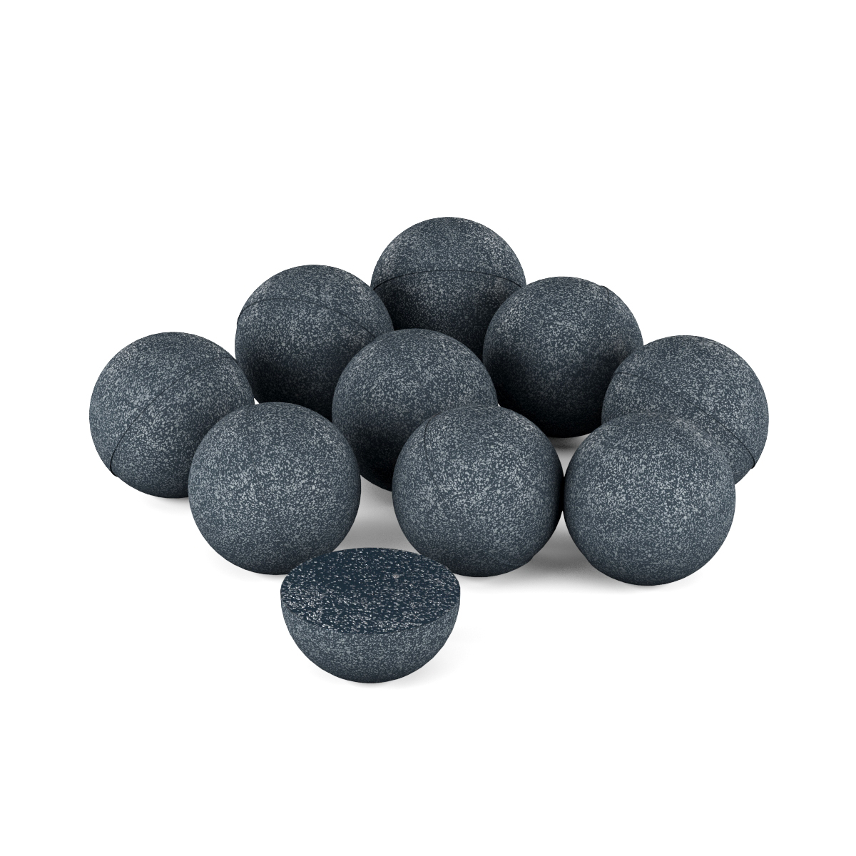 Dix billes gris anthracite à poudre métallique, dont une coupée en deux