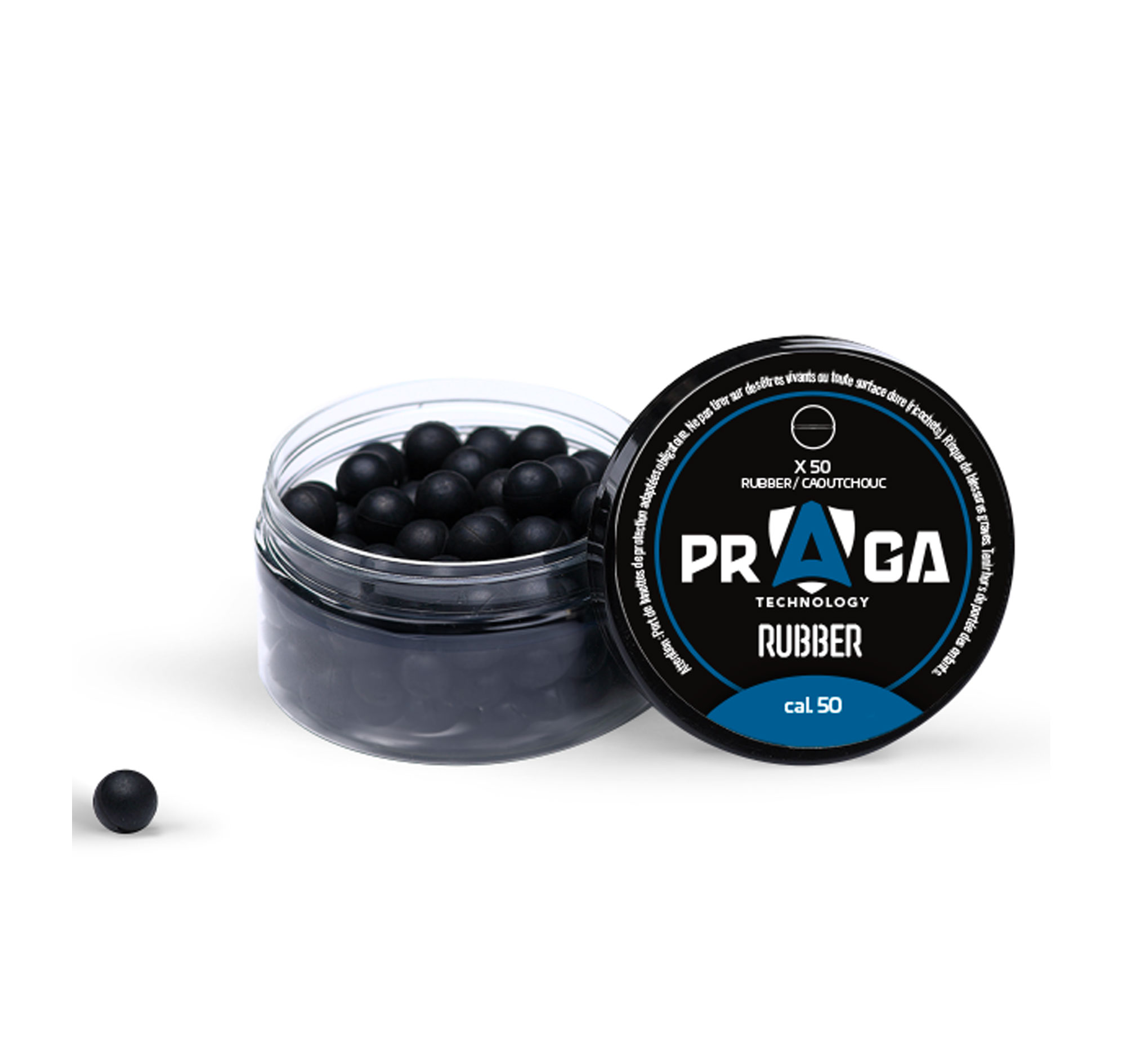 Pot ouvert de billes noires et couvercle Praga Technology Rubber calibre .50, 50 pièces
