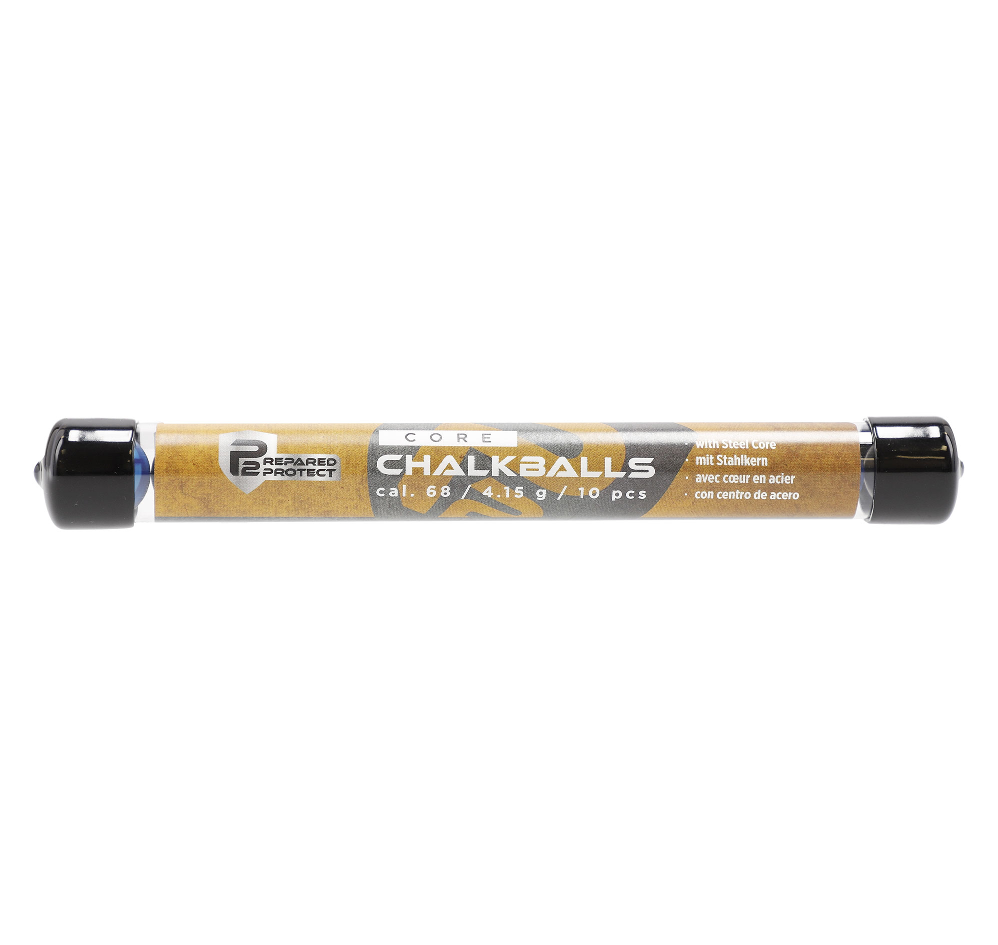 Tube de dix billes Core Chalkballs P2P calibre .68, bouchons noirs, étiquette 4,15 g avec cœur en acier
