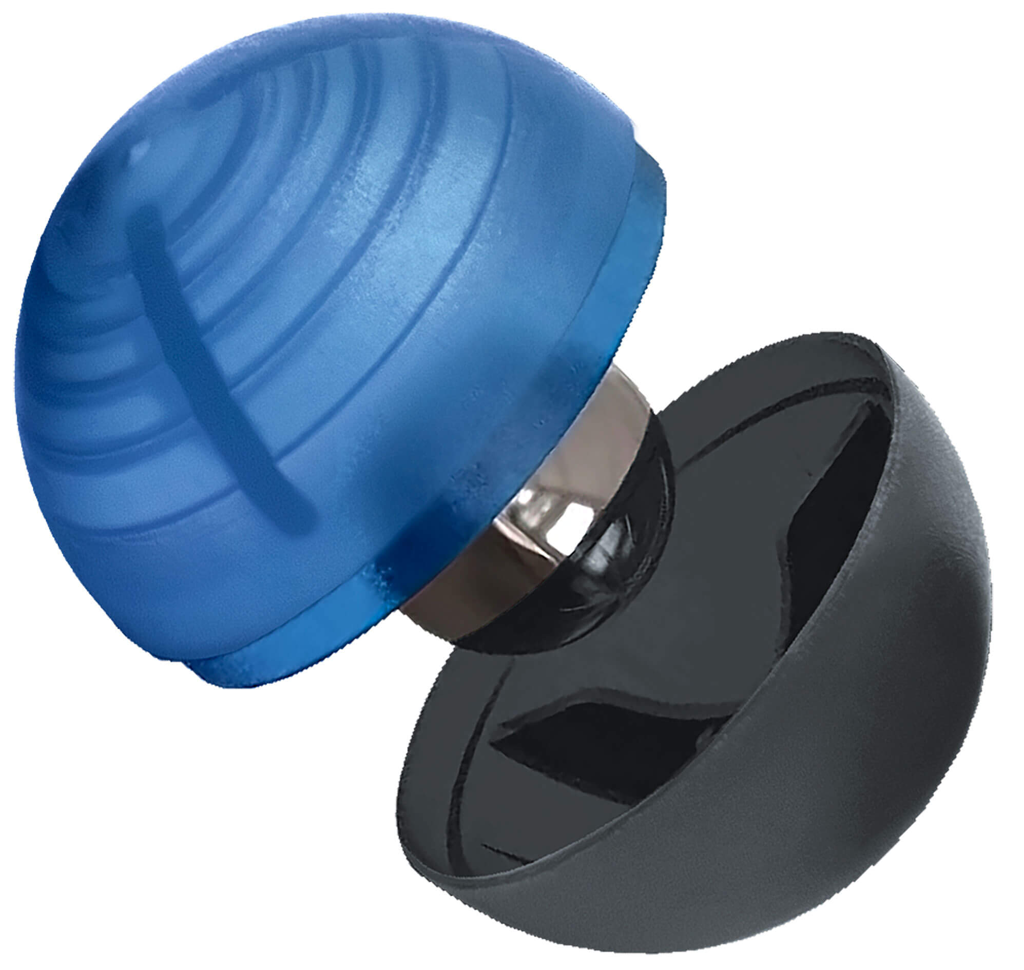 Vue éclatée d’une bille de craie : demi-coque bleue, bille d’acier au centre, demi-coque noire
