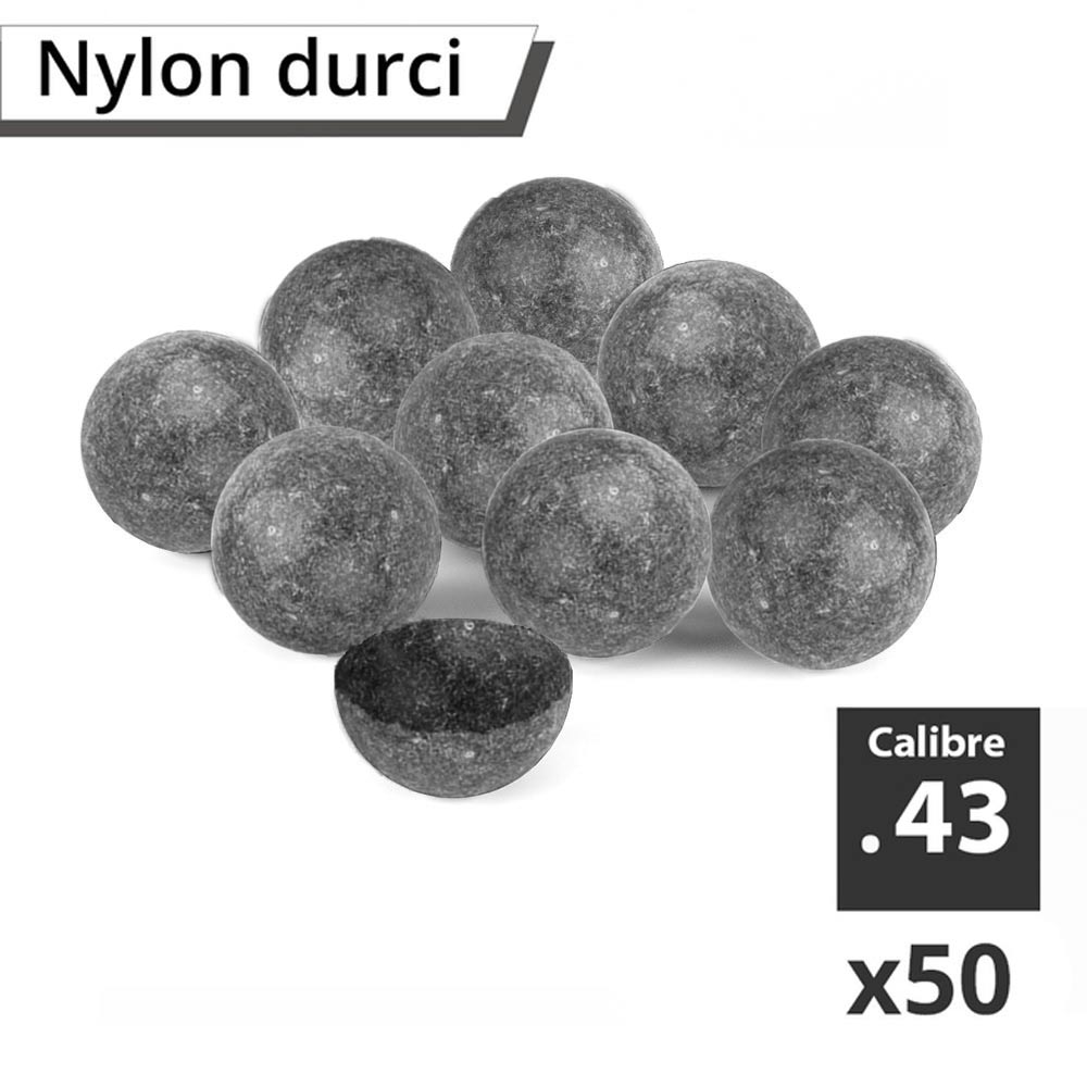 Dix billes en nylon durci gris chiné, calibre .43, dont une coupée en deux