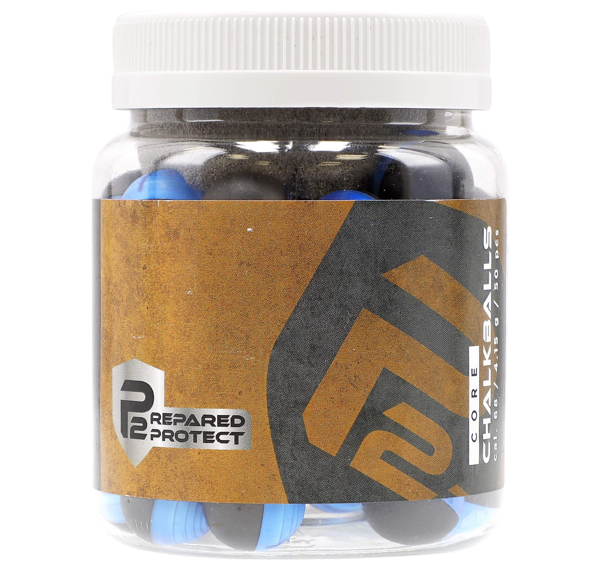 Pot transparent de 50 billes P2P Core Chalkballs calibre .68, 4,15 g, étiquette cuivre et couvercle blanc